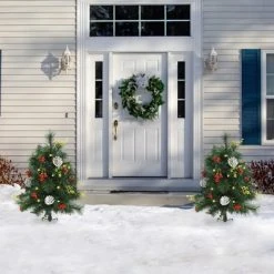 HOMCOM 22.5in Christmas Tree 2-Pack Outdoor Pre-Lit Artificial Pine Cordless with 24 Warm White Lights and Stakes