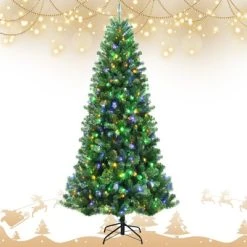 Tangkula Pre-lit Christmas Tree, Artificial Hinged Xmas Tree w/ Remote-controlled Color-changing LED Lights & PVC Tips