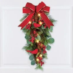 Collections Etc. Collections Etc Battery-Operated Lighted Cardinal Front Door Christmas Swag 12 X 5.5 X 24
