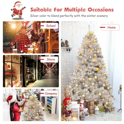 Costway 6Ft Hinged Unlit Artificial Silver Tinsel Christmas Tree Holiday w/Metal Stand 7 Costway 6Ft Hinged Unlit Artificial Silver Tinsel Christmas Tree Holiday w/Metal Stand - Image 5