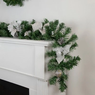 Northlight 6' x 9" Unlit Silver Poinsettia and Pinecone Artificial Christmas Garland 3 Northlight 6' x 9" Unlit Silver Poinsettia and Pinecone Artificial Christmas Garland