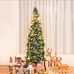 Tangkula 6FT Artificial Pencil Christmas Tree Snow Flocked Tree w/ Pine Cones and Metal stand