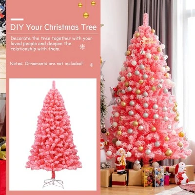 Costway 6.5ft Snow Flocked Hinged Artificial Christmas Tree w/ Metal Stand Pink 9 Costway 6.5ft Snow Flocked Hinged Artificial Christmas Tree w/ Metal Stand Pink - Image 7