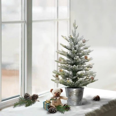 2ft Puleo Pre-Lit Flocked Tabletop Artificial Christmas Tree in Metal Pot Clear Lights 3 2ft Puleo Pre-Lit Flocked Tabletop Artificial Christmas Tree in Metal Pot Clear Lights