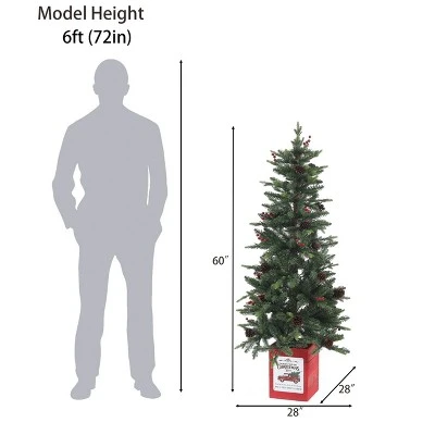 LuxenHome 5Ft Pre-Lit LED Artificial Slim Pine Christmas Tree with Pine Cones, Berries, and Red Wood Planter 4 LuxenHome 5Ft Pre-Lit LED Artificial Slim Pine Christmas Tree with Pine Cones, Berries, and Red Wood Planter - Image 2